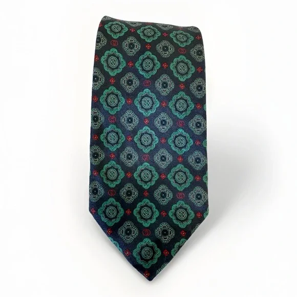 VTG GUCCI 100% Silk Tie Navy Green Medallion Print Vintage 1990s Made In Italy - Picture 5 of 14